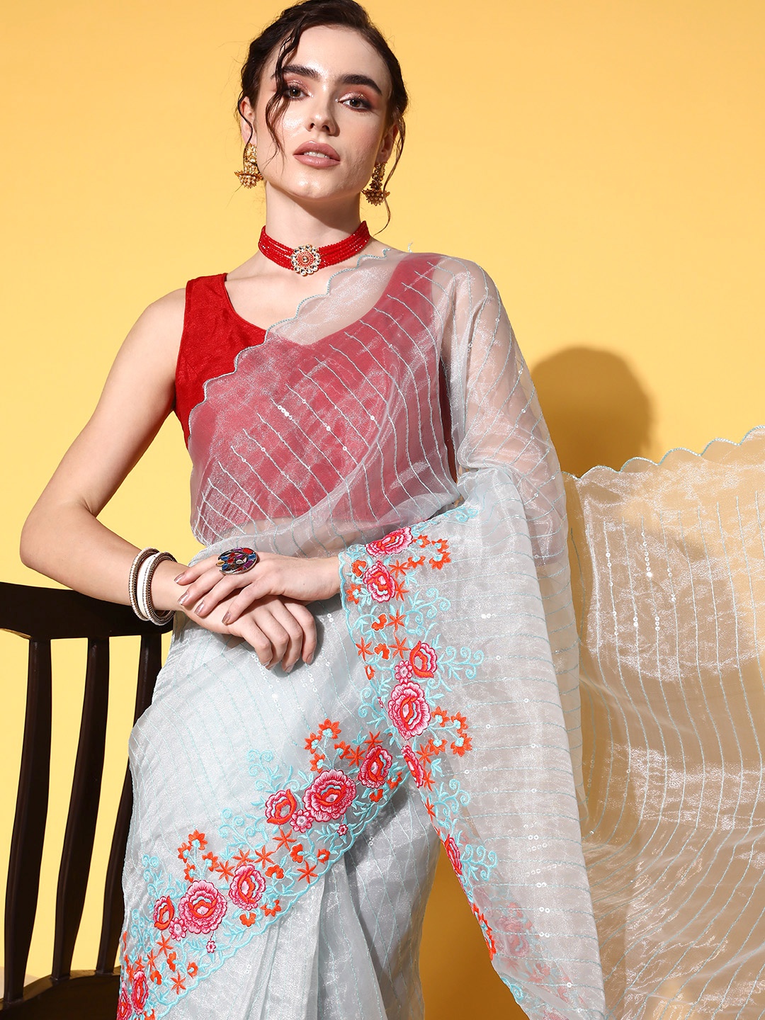 

Ishin Striped Saree with Embroidered border, Turquoise blue