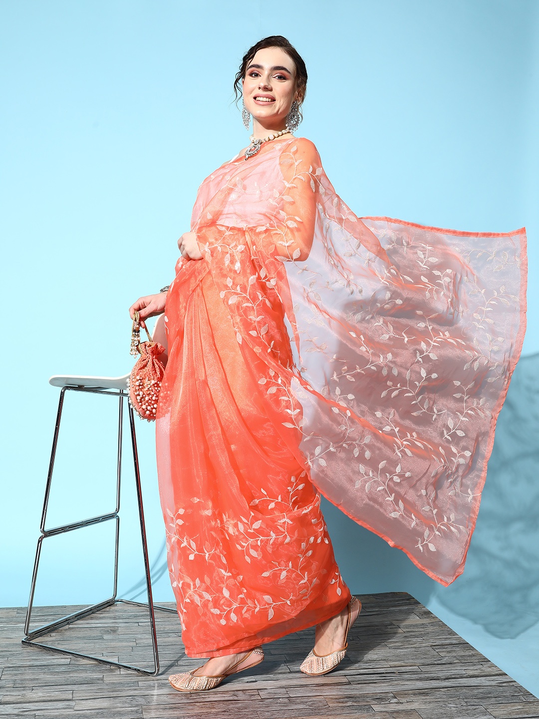 

Ishin Floral Saree, Orange