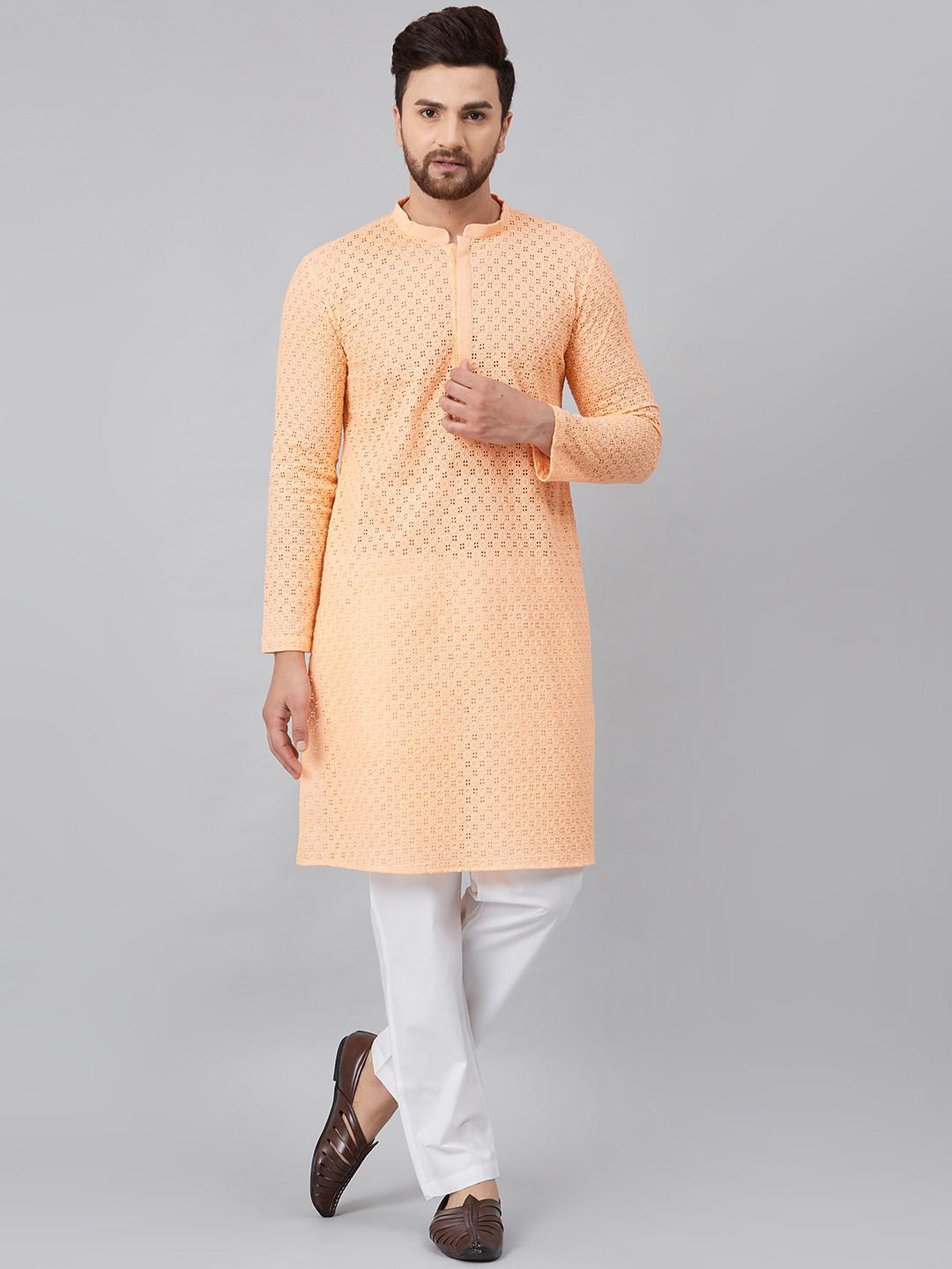

See Designs Men Peach Chikankari Embroidered Straight Cotton Kurta