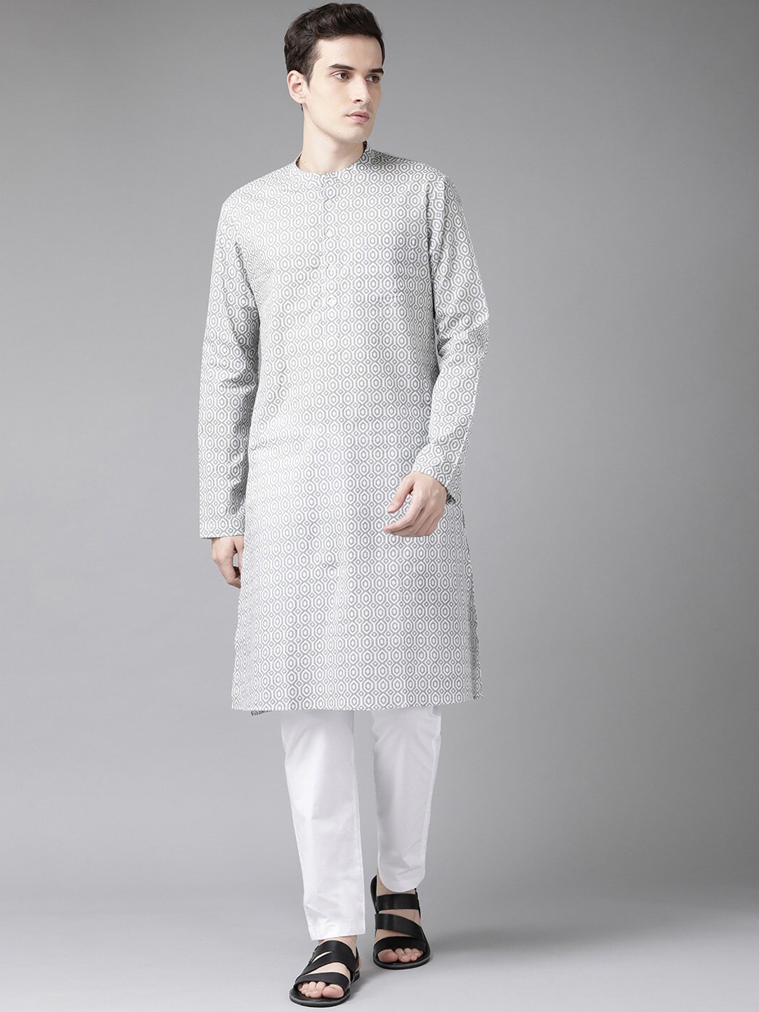 

See Designs Men White & Grey Printed Pure Cotton Kurta with Pyjama