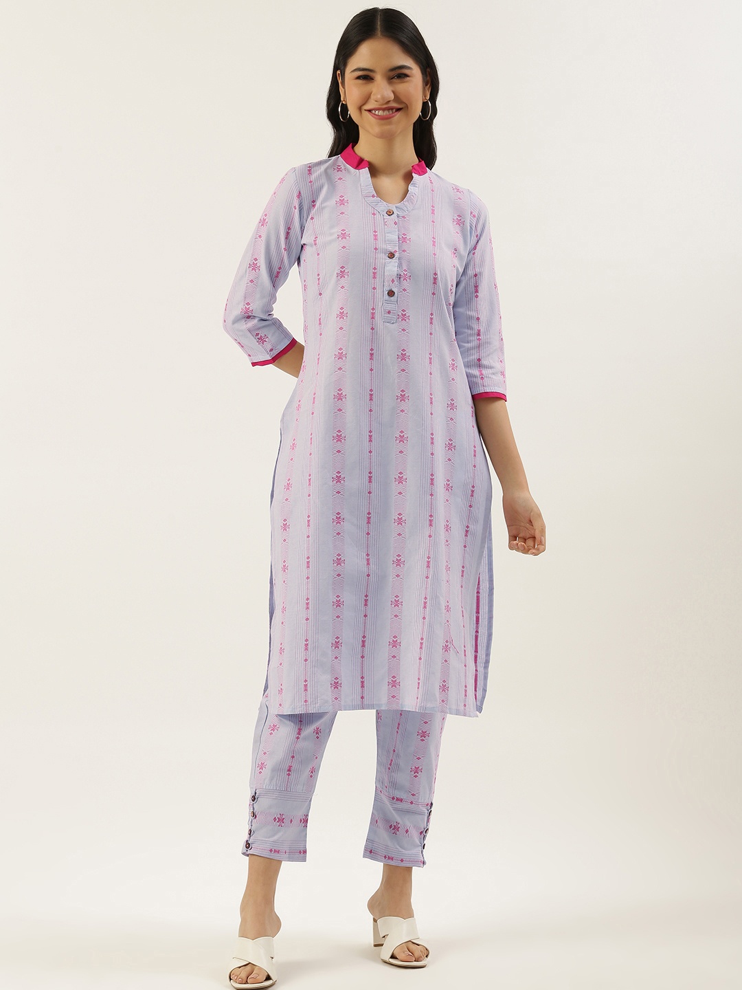 

Saanjh Women Blue & Pink Woven Design Cotton Straight Kurta with Trousers