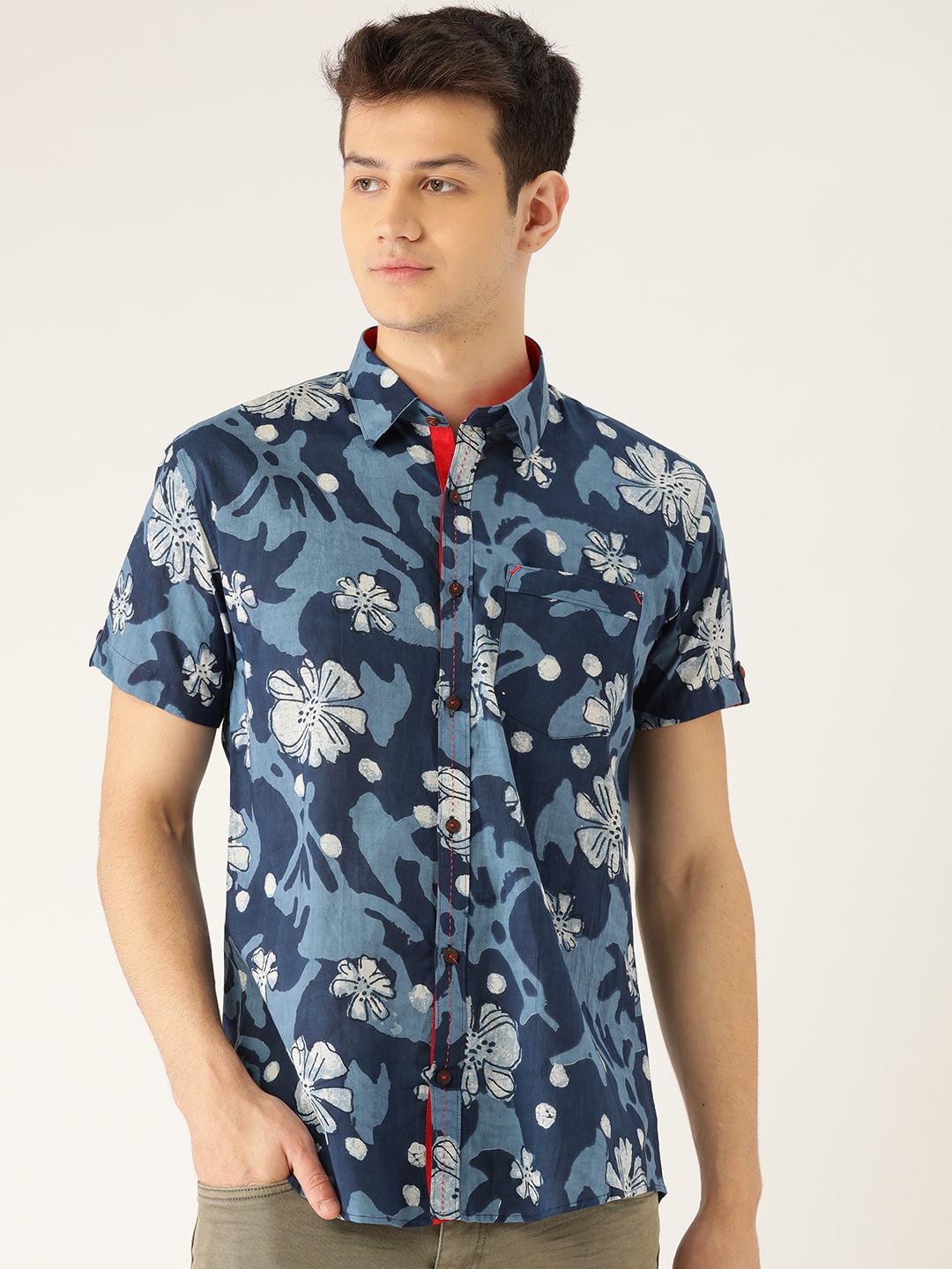 

Tistabene Men Blue Comfort Slim Fit Floral Printed Cotton Casual Shirt