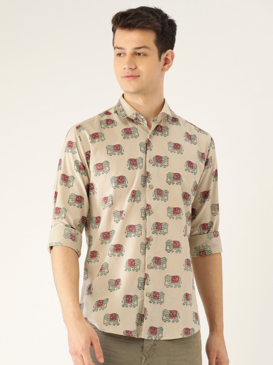 

Tistabene Men Khaki Comfort Slim Fit Elephant Block Printed Casual Shirt
