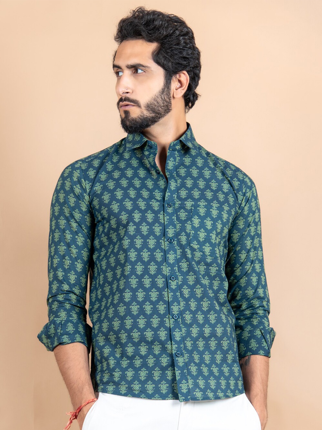 

Tistabene Men Teal Green Comfort Regular Fit Printed Cotton Casual Shirt