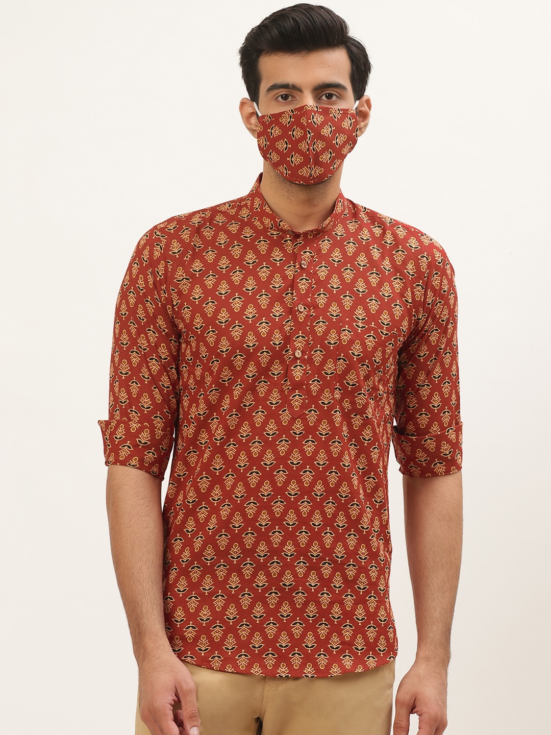 

Tistabene Men Red & Beige Floral Printed Block Print Kurta