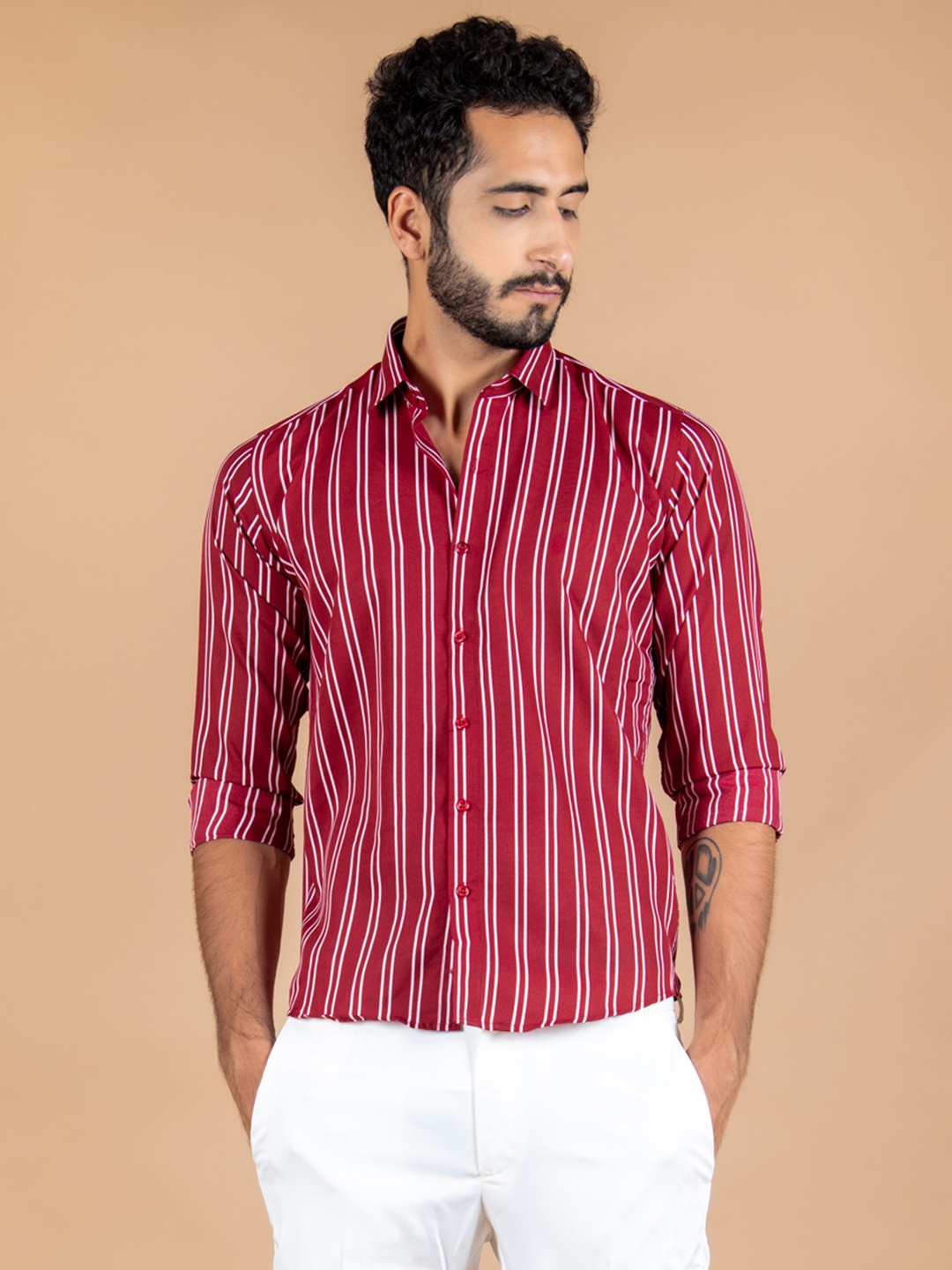 

Tistabene Men Red Comfort Striped Crepe Casual Shirt