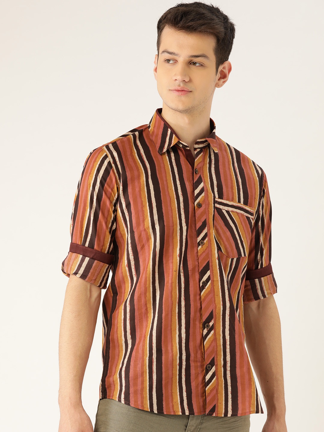 

Tistabene Men Brown Comfort Slim Fit Striped Cotton Casual Shirt