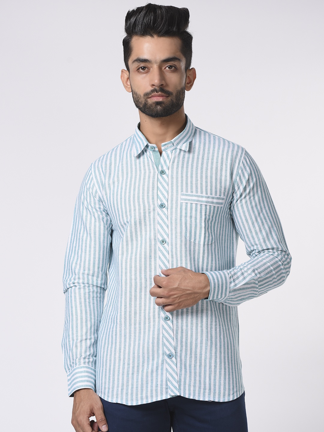 

Tistabene Men Blue Comfort Slim Fit Striped Casual Cotton Shirt