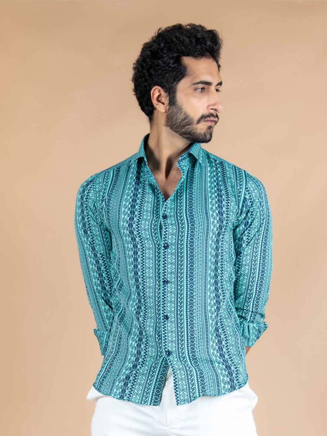 

Tistabene Men Green Comfort Printed Roll-Up Sleeves Casual Shirt
