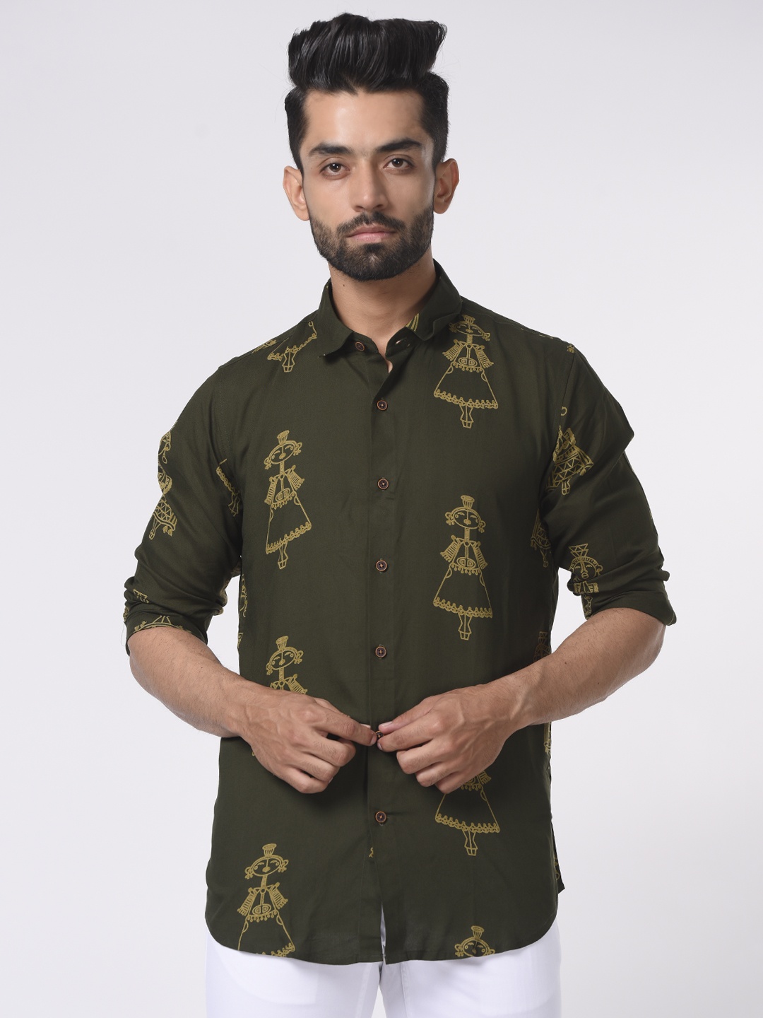 

Tistabene Men Olive Green Comfort Slim Fit Printed Casual Shirt