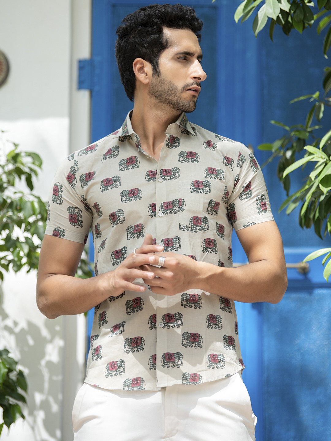 

Tistabene Men Khaki Elephant Block Print Comfort Fit Casual Shirt