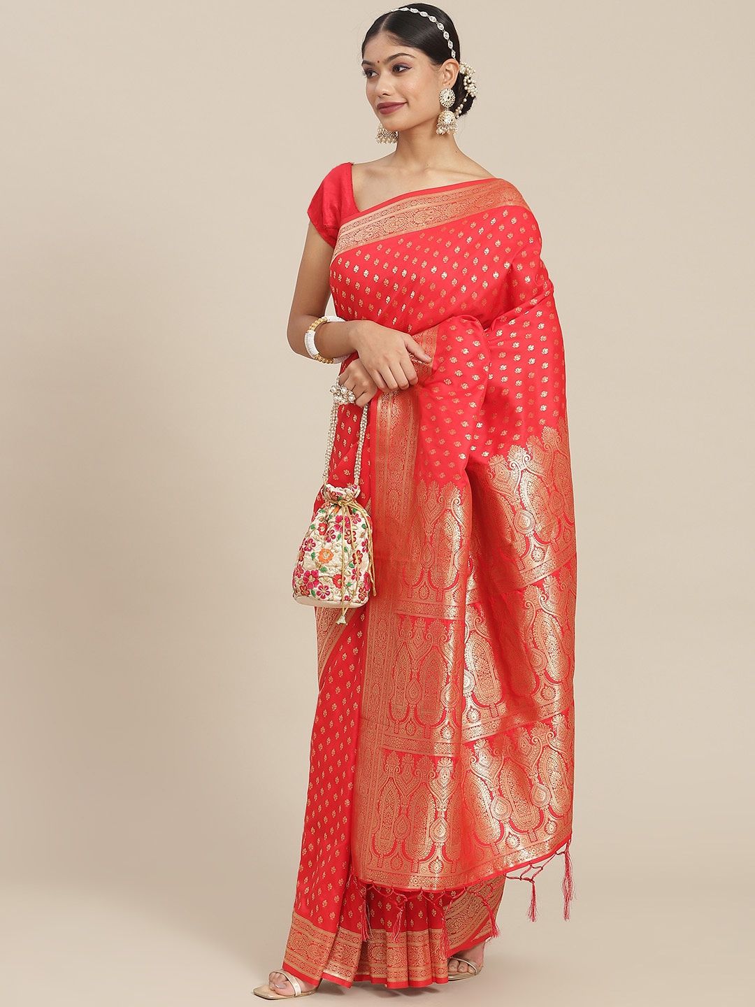 

Ishin Red Ethnic Motifs Zari Silk Blend Banarasi Saree