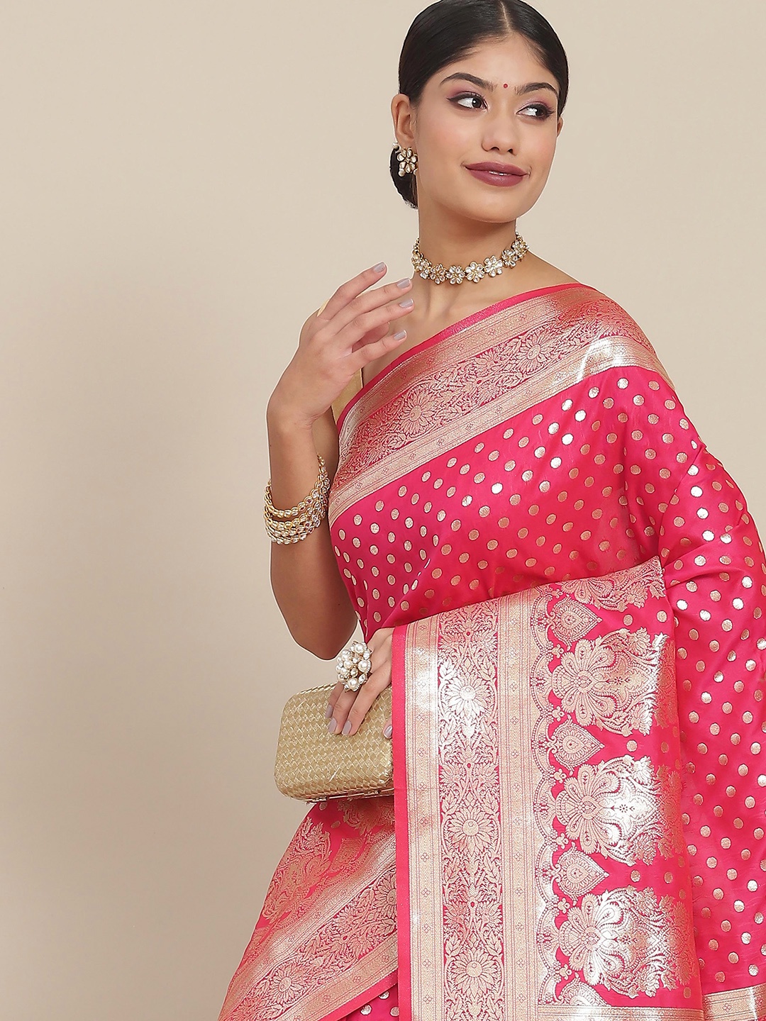 

Ishin Pink Ethnic Motifs Zari Silk Blend Banarasi Saree