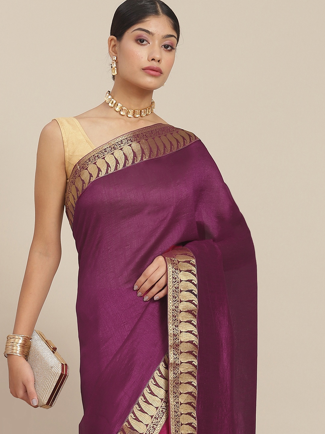 

Ishin Purple Paisley Zari Silk Blend Saree