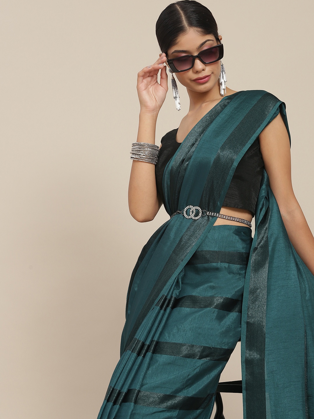 

Ishin Green Striped Silk Blend Saree