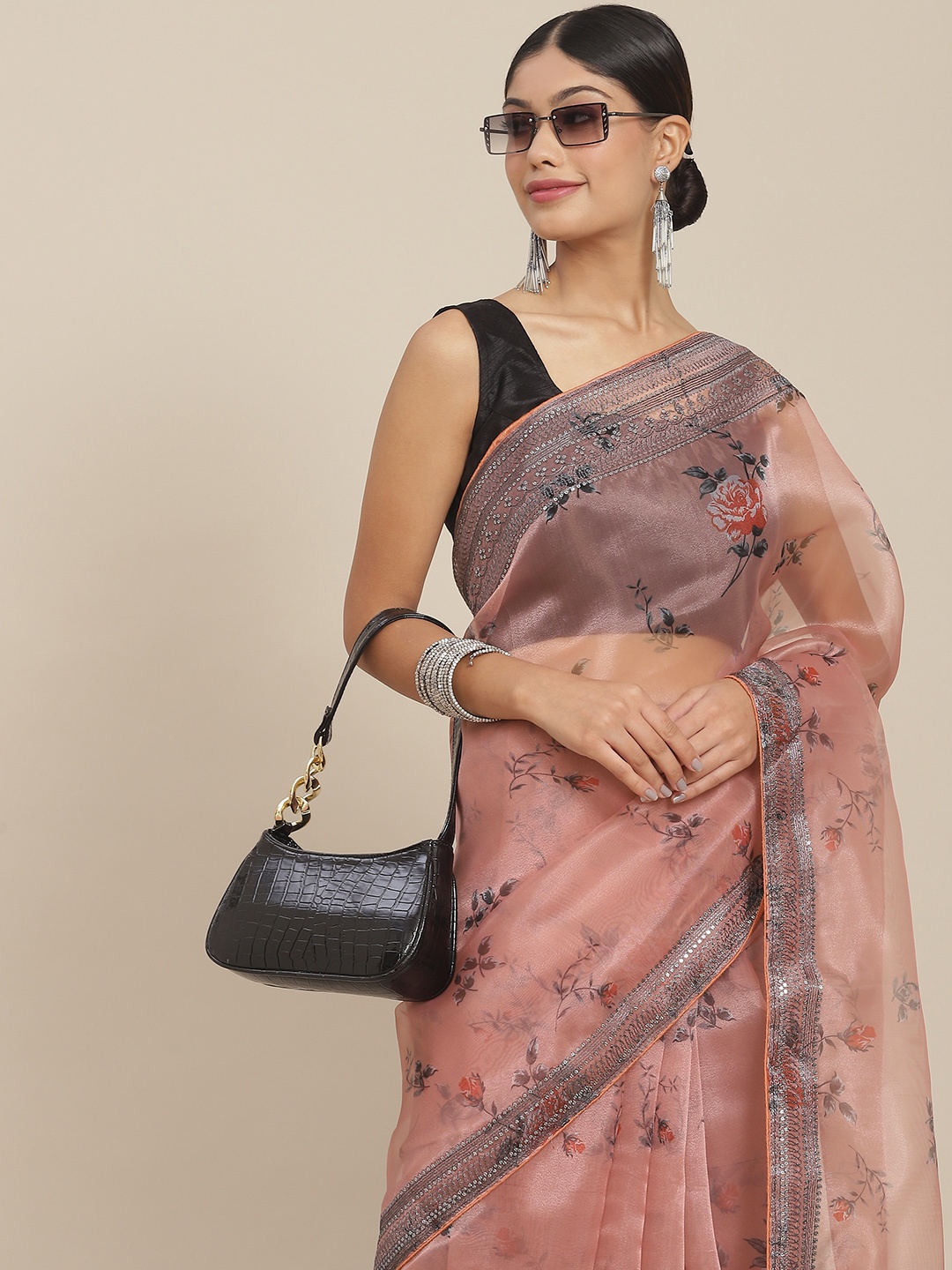 

Ishin Peach-Coloured Floral Sequinned Organza Saree