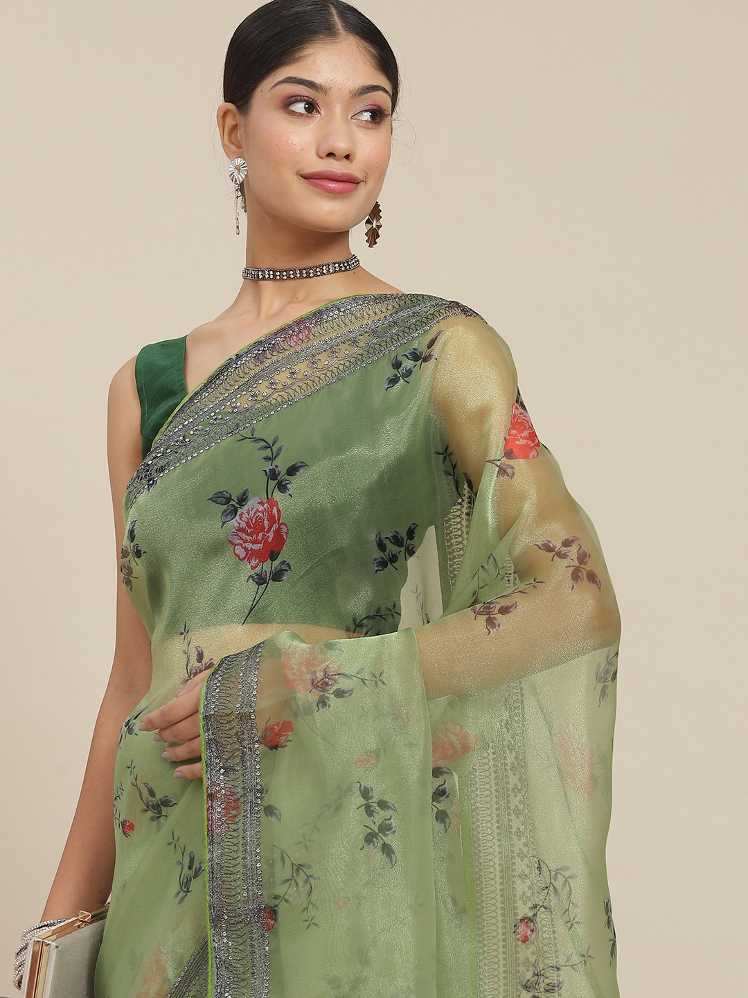 

Ishin Green Floral Sequinned Organza Saree