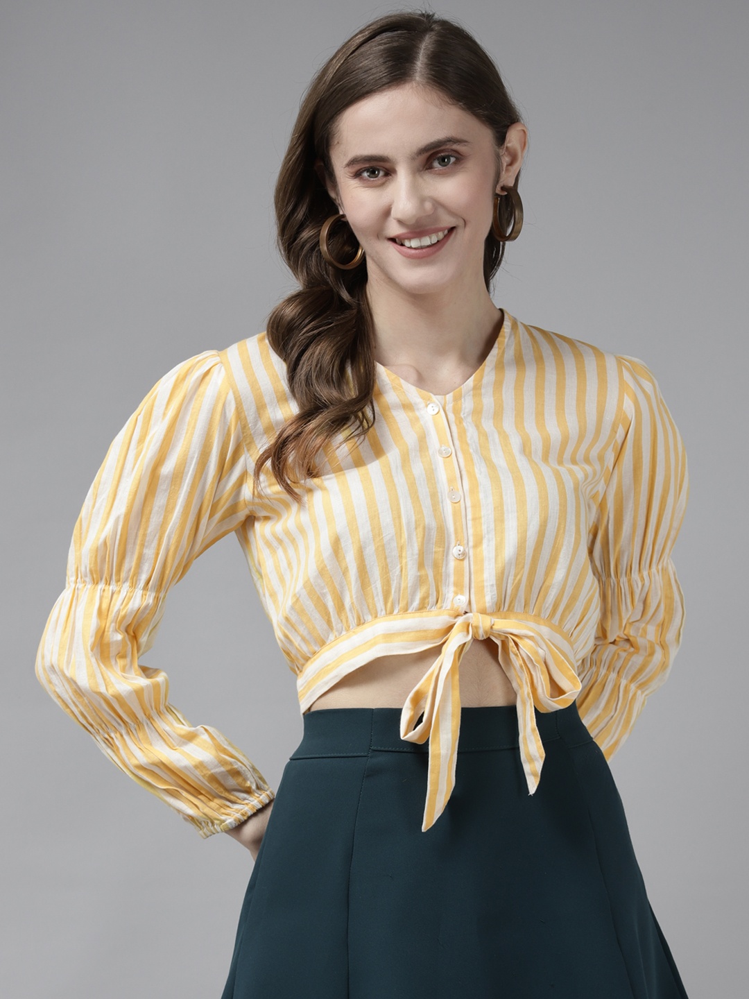 

Bhama Couture Yellow & White Striped Bishop Sleeves Shirt Style Crop Top