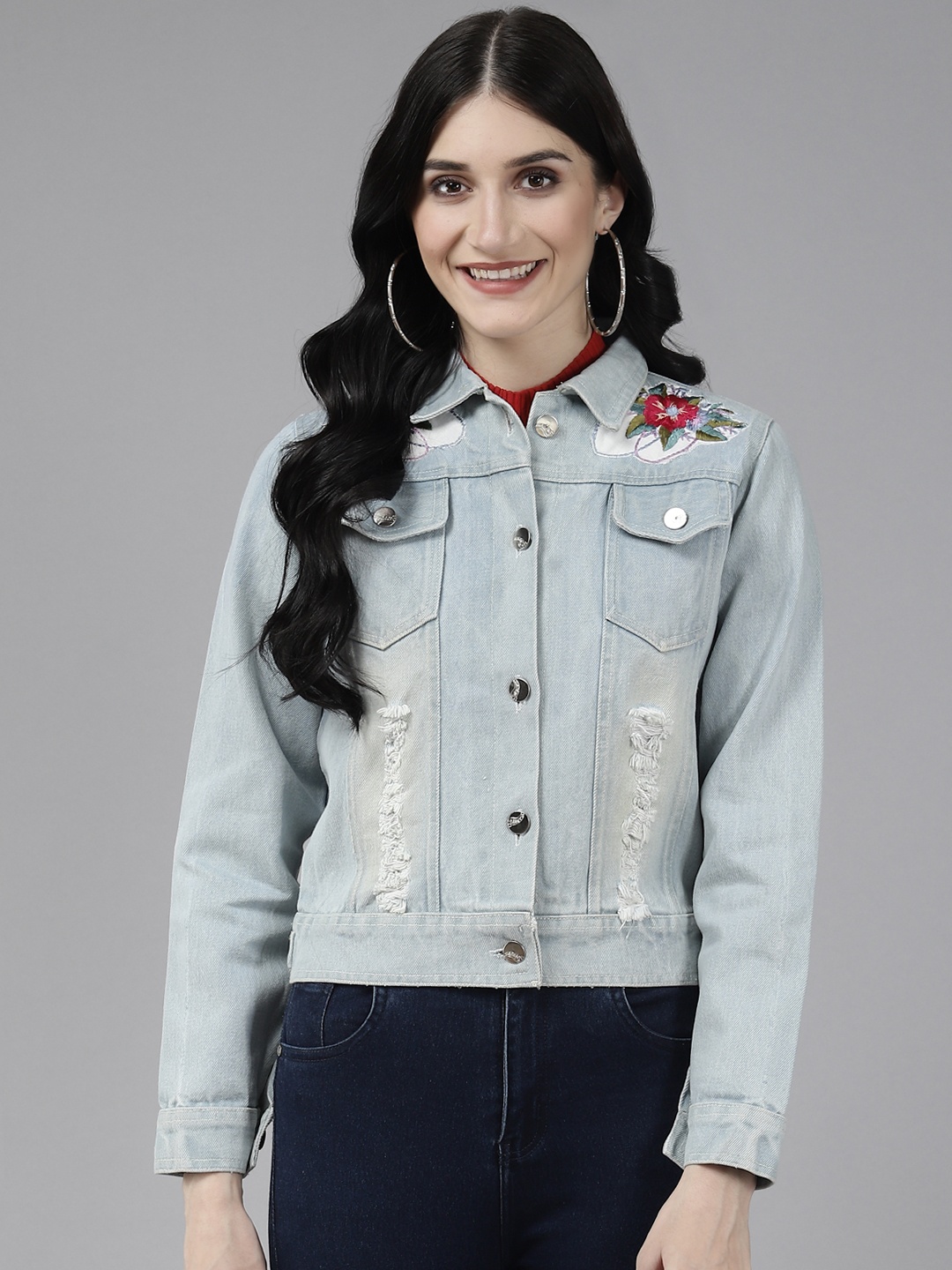 

Bhama Couture Women Blue Denim Jacket with Embroidered