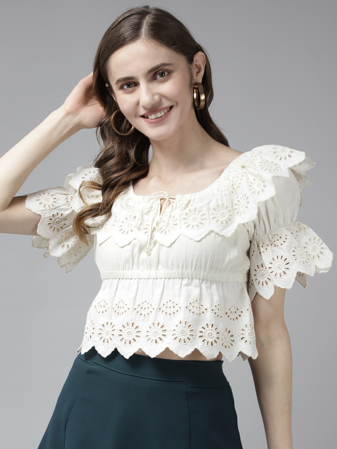 Bhama Couture Off White Embroidered Ruffles Crop Top