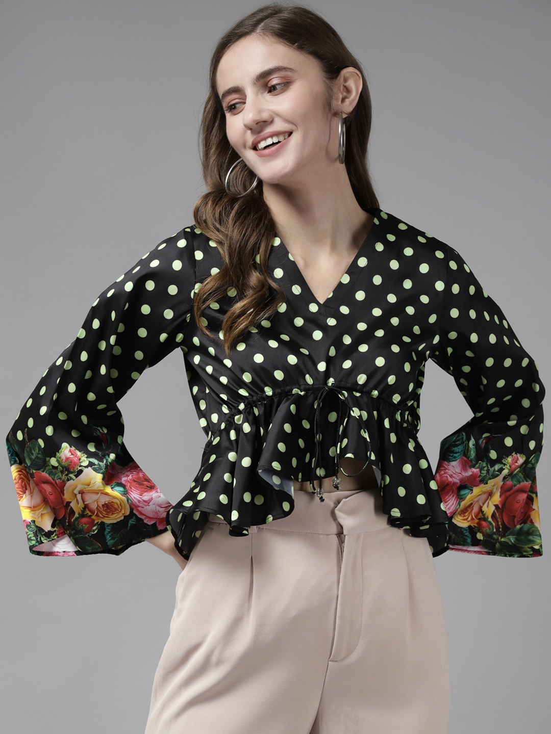 

Bhama Couture Black & Lime Green Print High-Low Crop Top