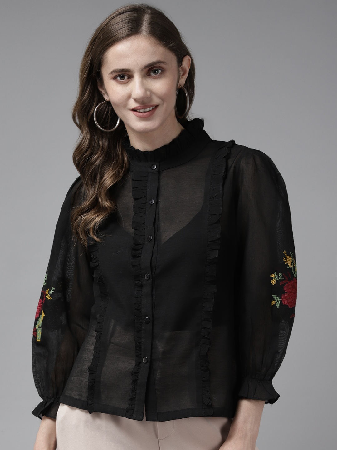 

Bhama Couture Black Embroidered Mandarin Collar Ruffles Shirt Style Top