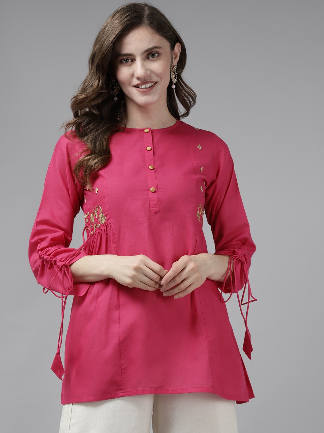 

Bhama Couture Pink Embroidered Side Gather Tunic