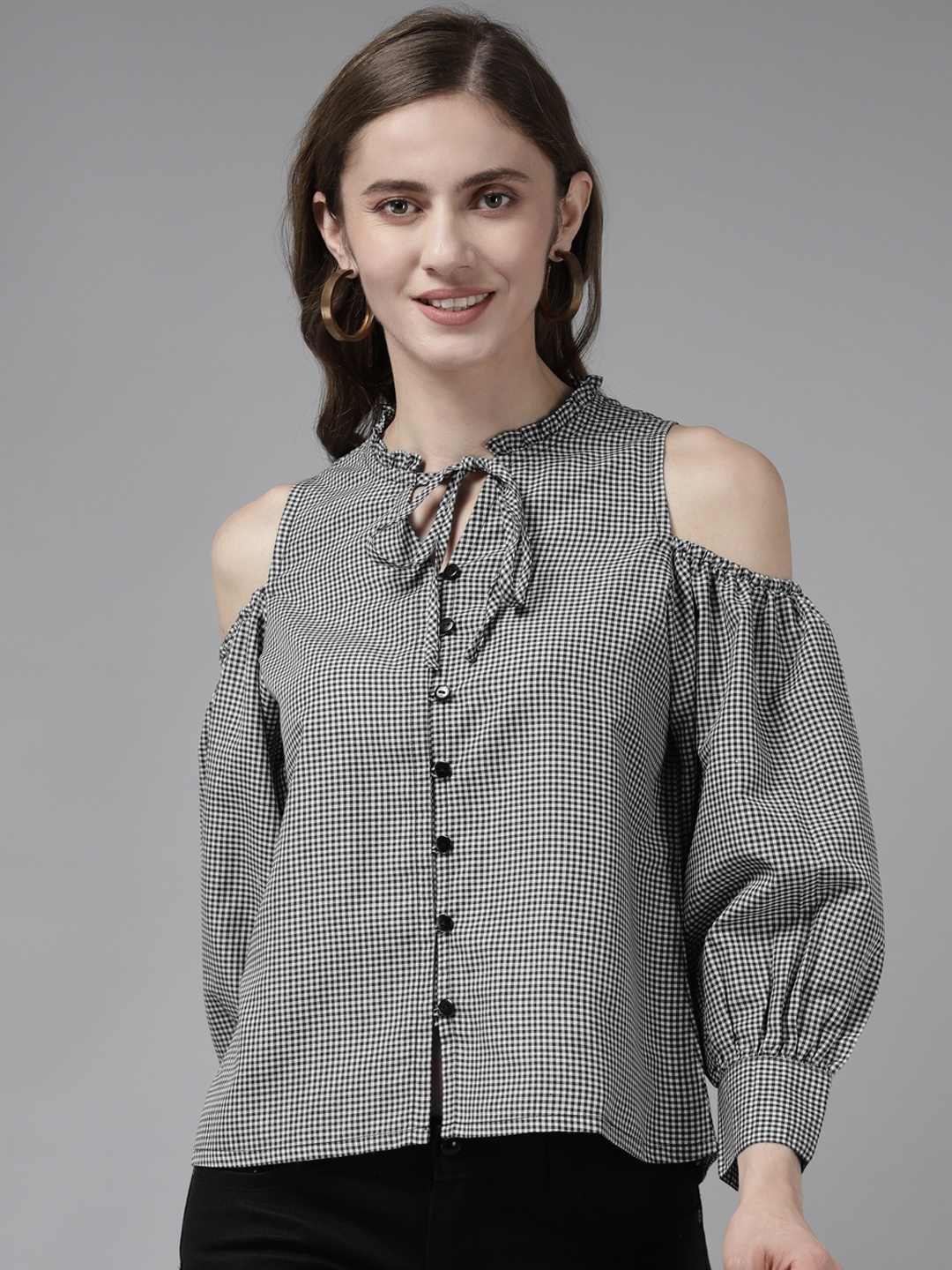 

Bhama Couture Black Checked Tie-Up Neck Ruffles Shirt Style Top