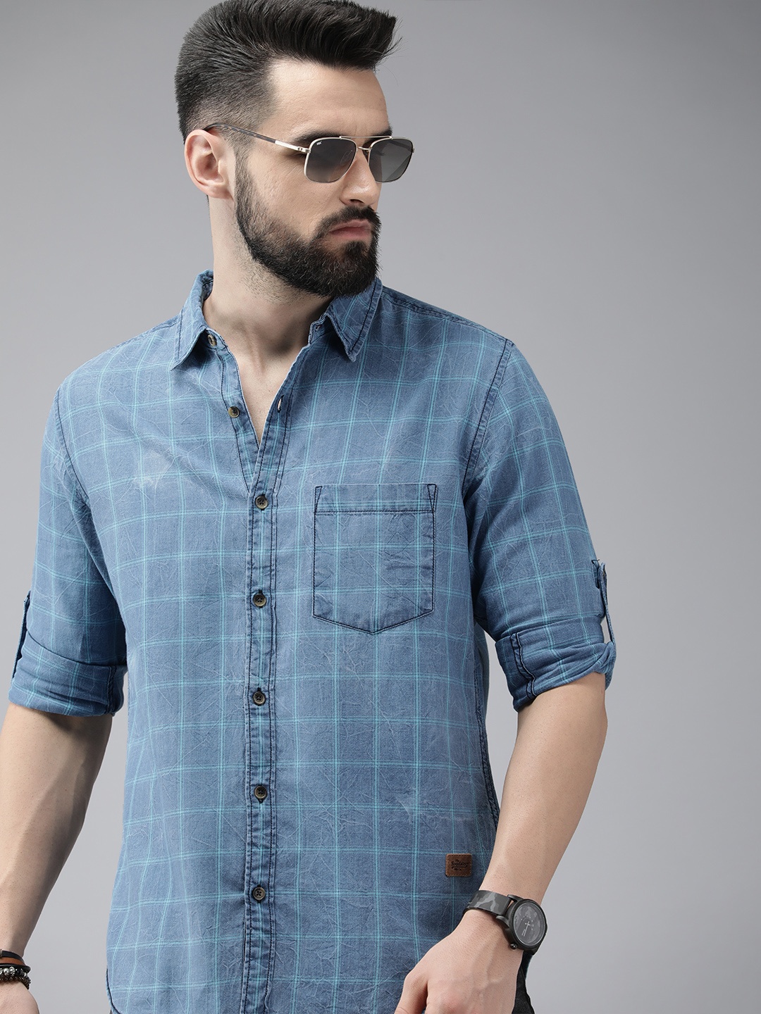 

Roadster Men Blue Pure Cotton Checked Casual Shirt