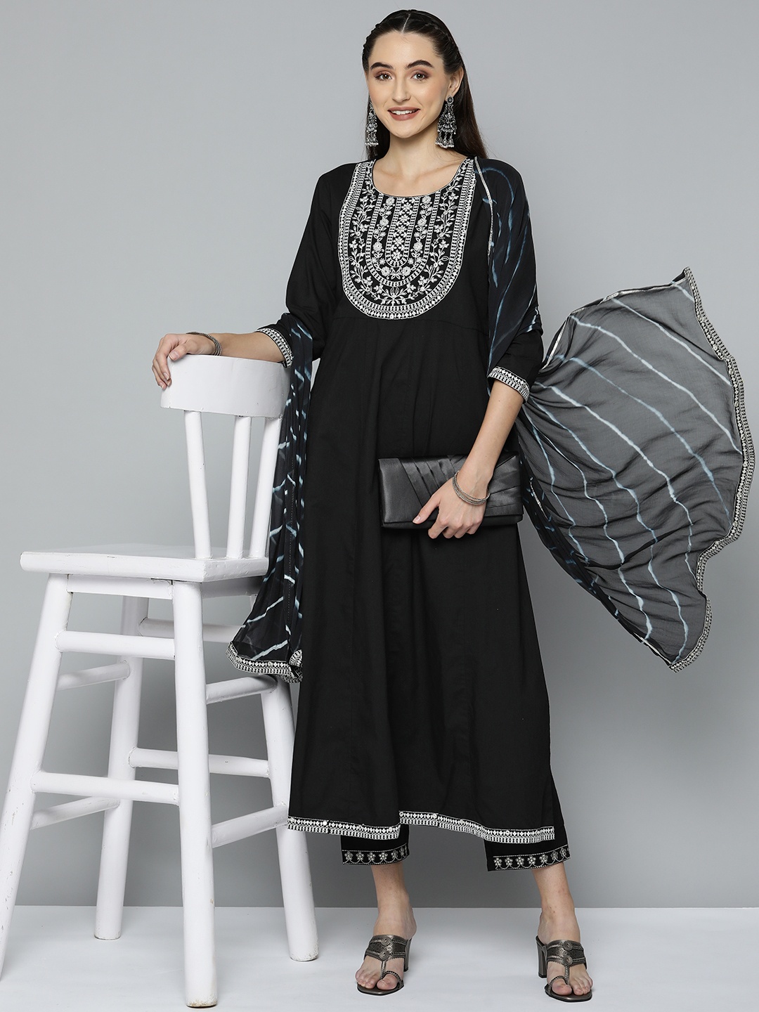 

HERE&NOW Women Black Ethnic Motifs Embroidered Kurta with Trousers & With Dupatta