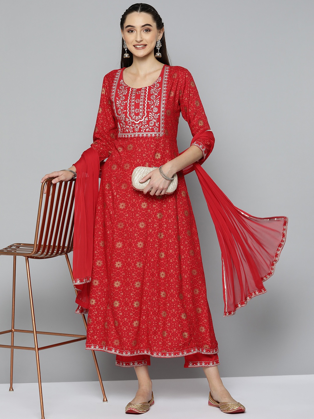 

HERE&NOW Women Embroidered Kurta & Trousers With Dupatta, Red