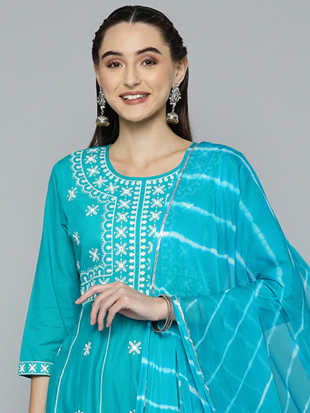 

HERE&NOW Women Blue & White Ethnic Motifs Embroidered Kurta with Trousers & With Dupatta