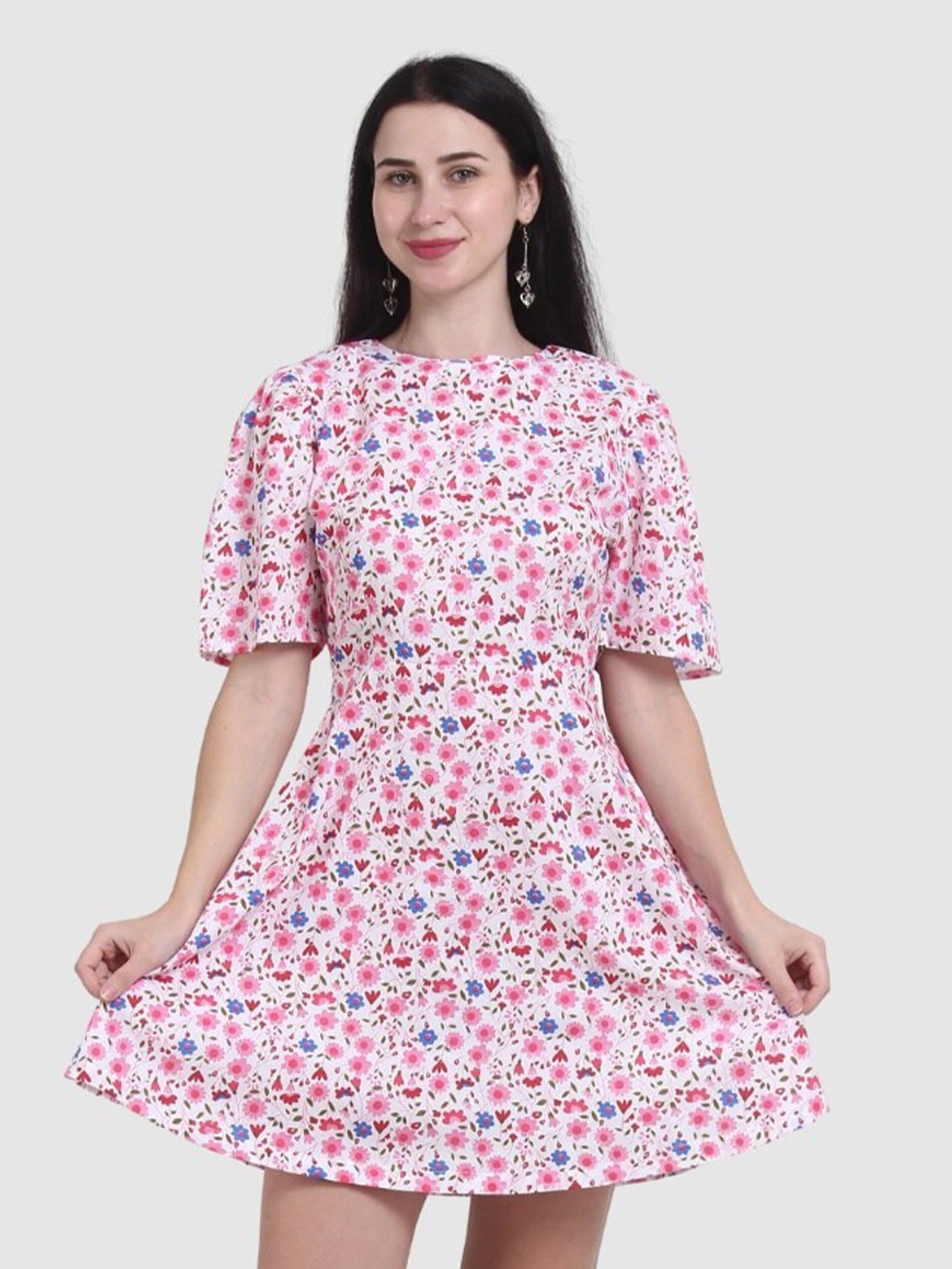 

The Label Bar Women Pink & Blue Floral Fit and Flare Short Dress