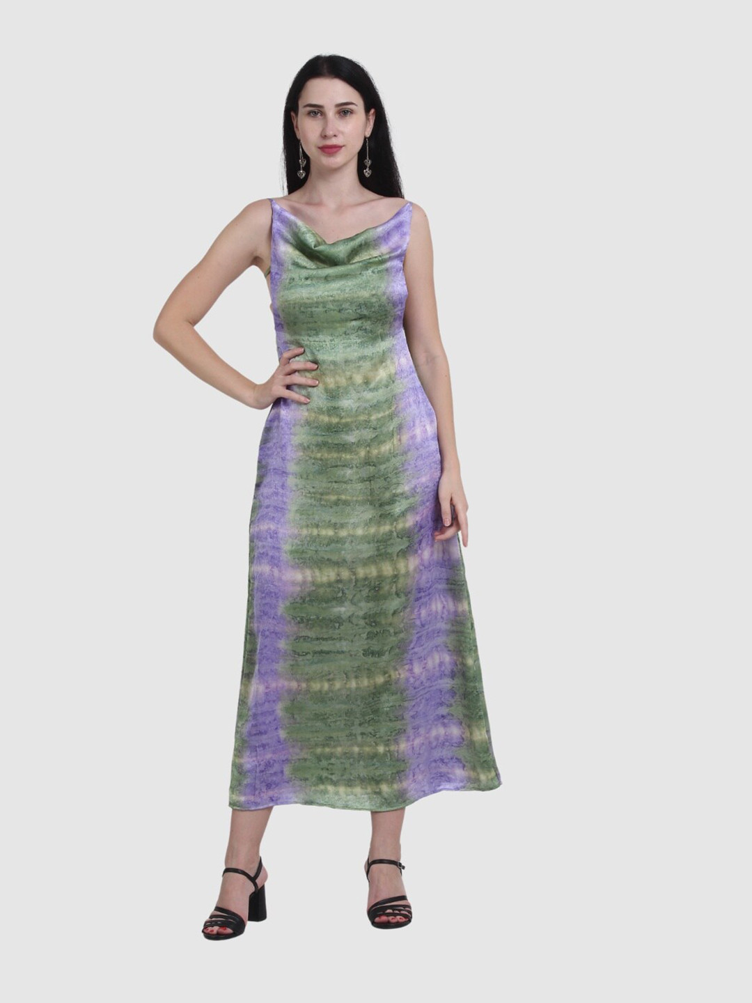 

The Label Bar Green & Purple Tie and Dye Cowl Neck Satin Maxi Dress