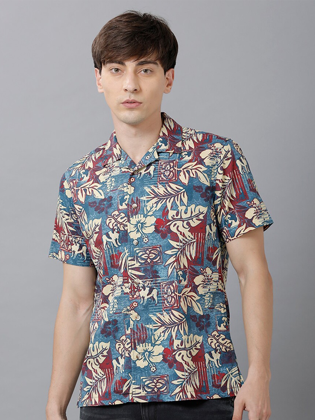 

IMYOUNG Men Blue Smart Floral Printed Casual Shirt