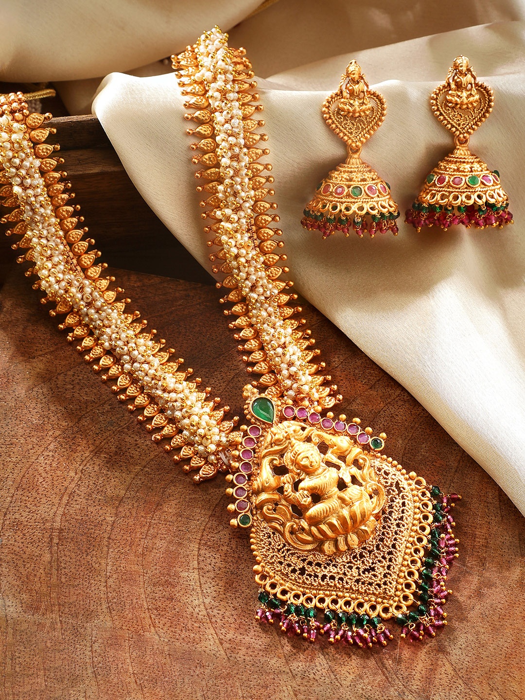 

Rubans 24K Gold-Plated Red & Green AD Studded Temple Jewellery Set
