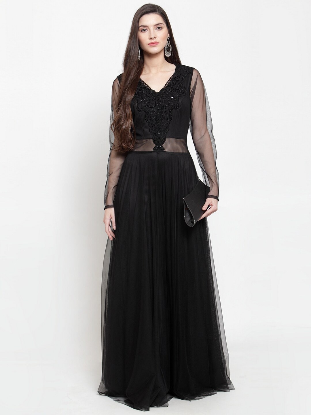 

Just Wow Black Embellished Net Maxi Dress