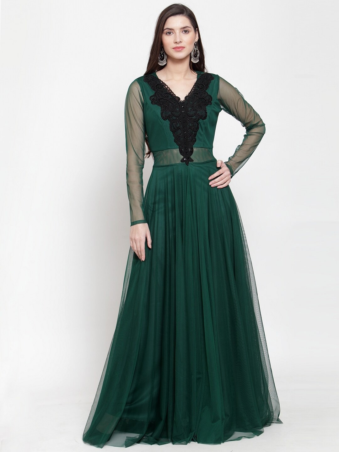 

Just Wow Green Embellished Net Maxi Dress