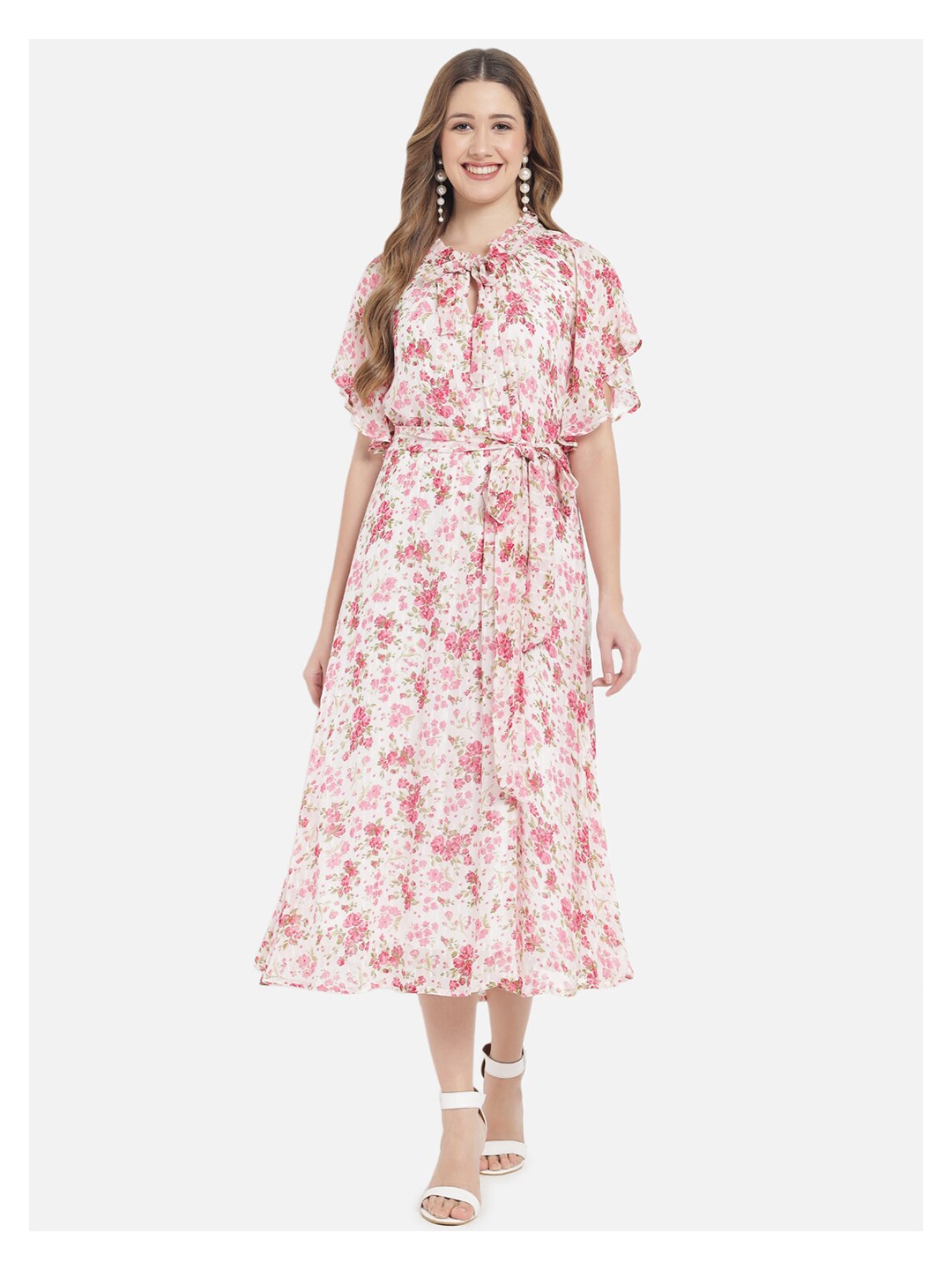 

Just Wow White & Pink Floral Tie-Up Neck Chiffon A-Line Midi Dress