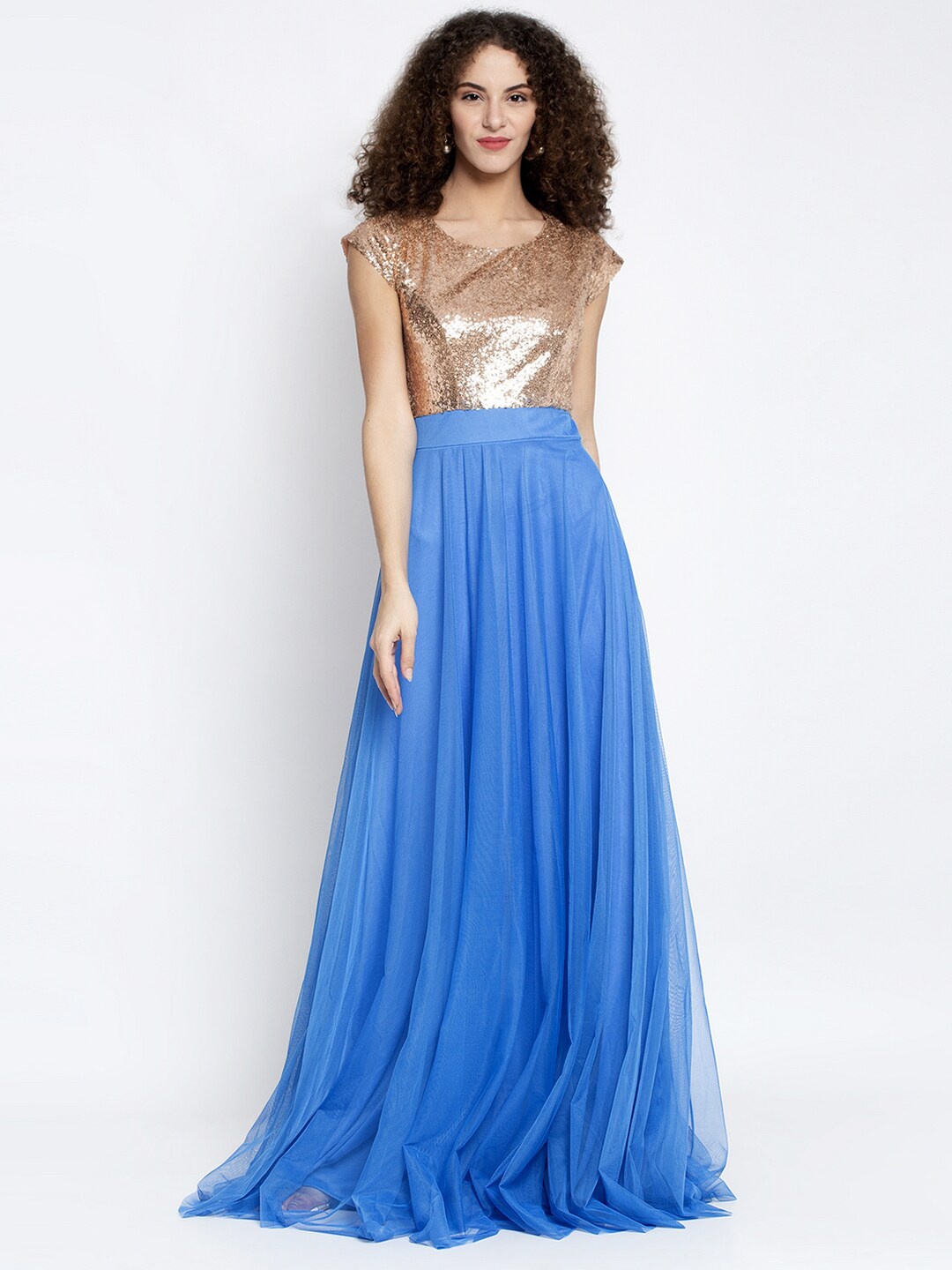

Just Wow Gold-Toned Embellished Net Maxi Dress