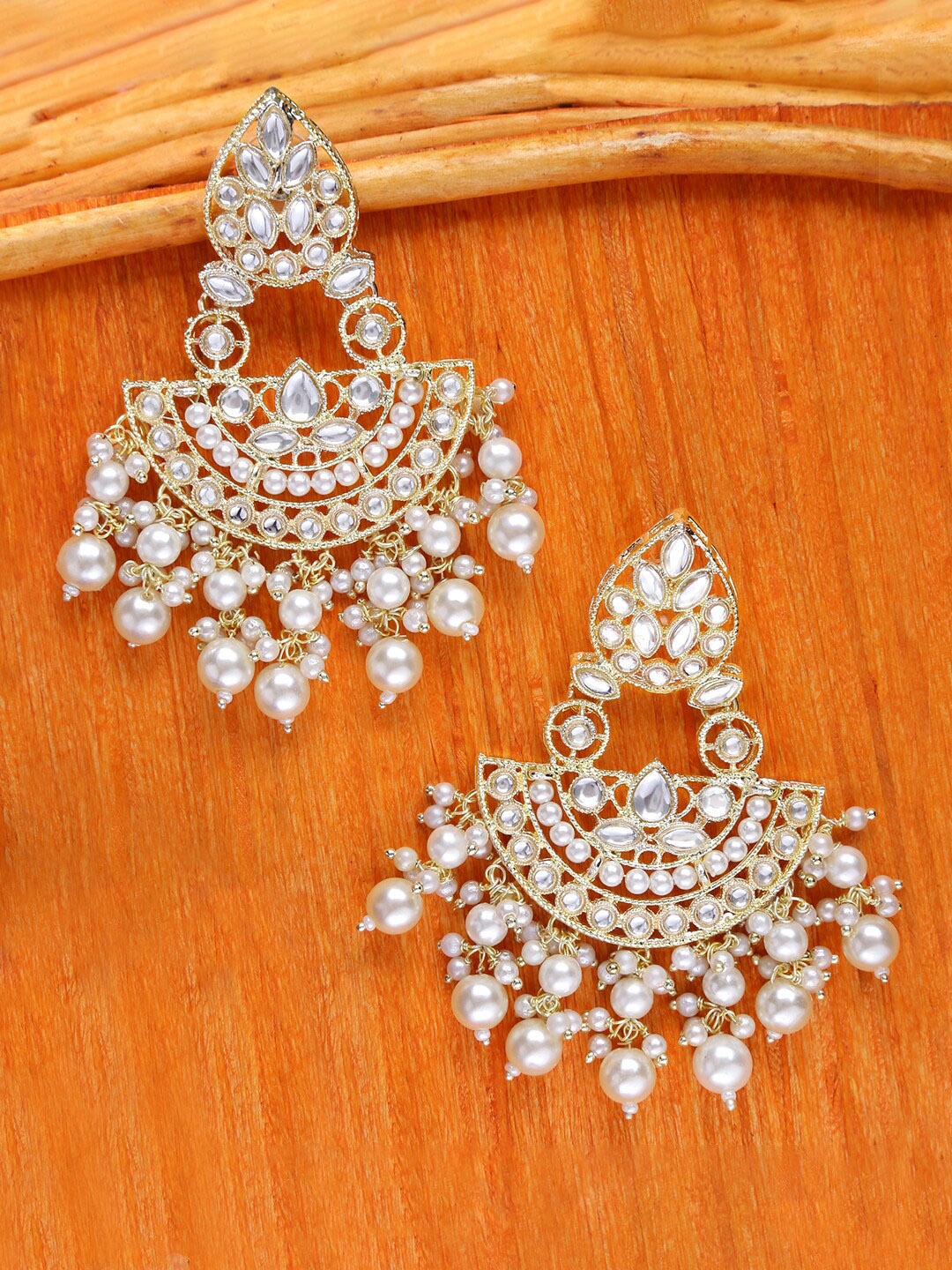 

Yellow Chimes White & Gold-Plated Kundan Studded Pearl Drop Chandbalis Earrings