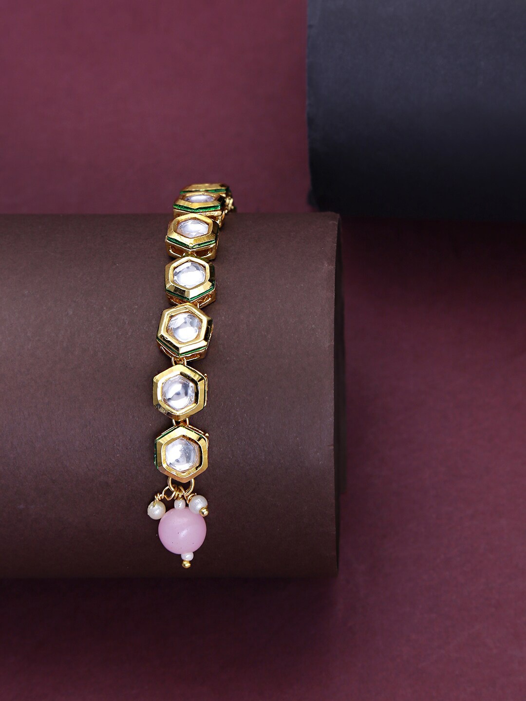 

Yellow Chimes Gold-Plated White & Pink Kundan Studded Single Line Pearl Maang Tikka