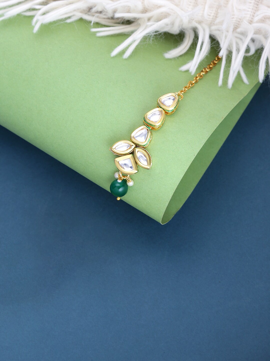 

Yellow Chimes Gold-Plated Green Kundan-Studded & Beaded Maang Tikka