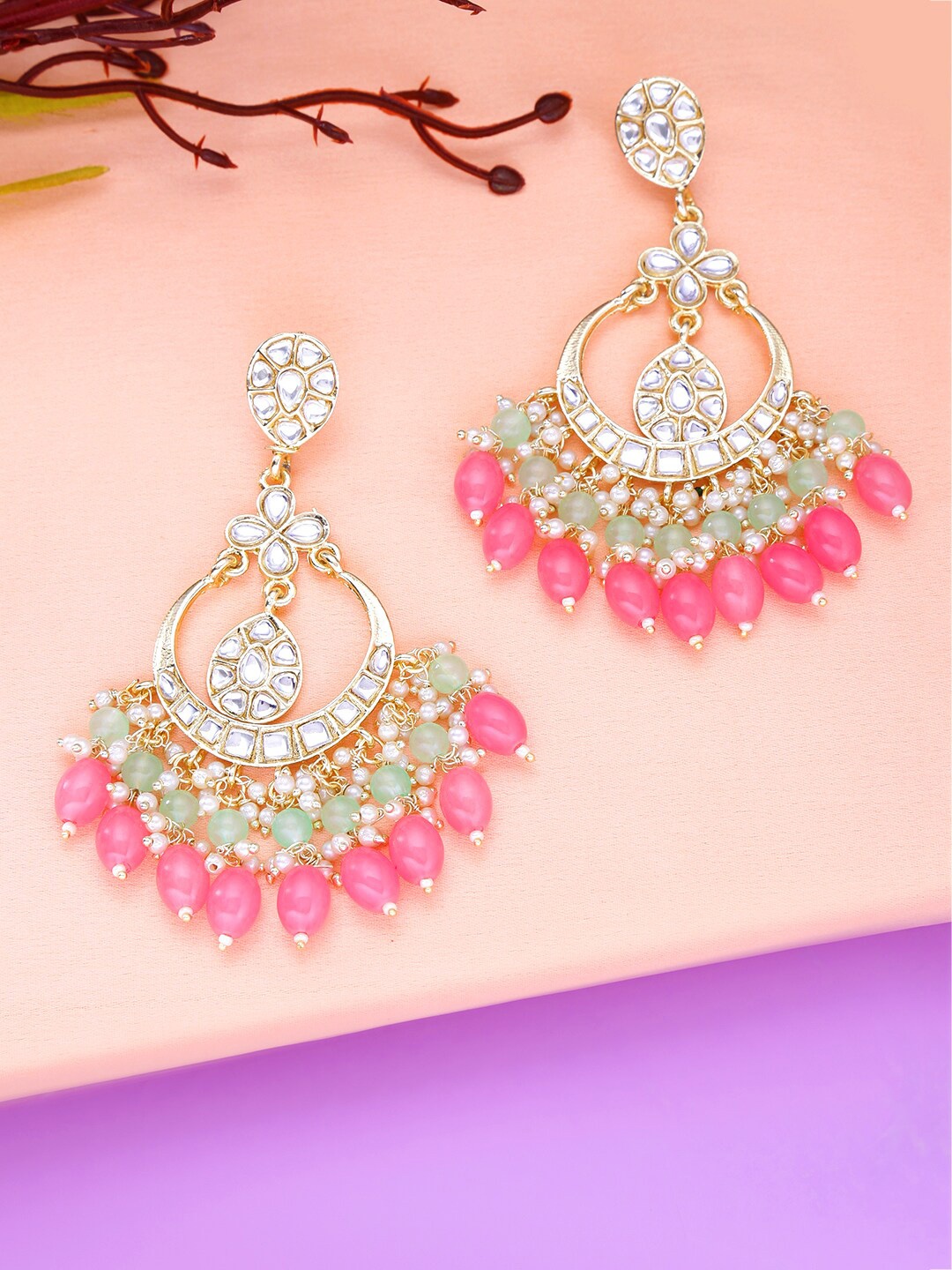 

Yellow Chimes Gold-Plated & Pink Kundan Studded Beads Drop Chandbali Earrings