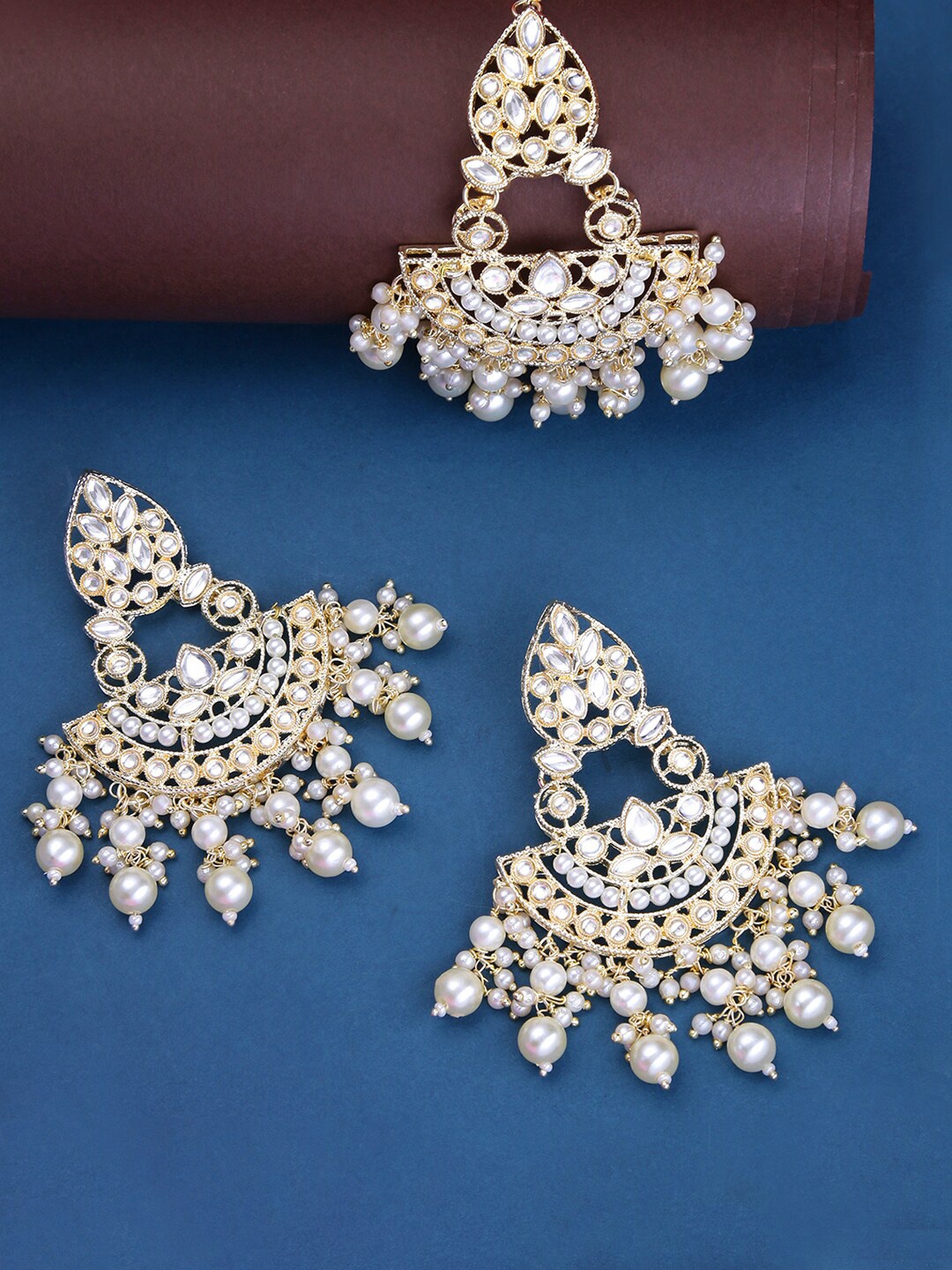 

Yellow Chimes Gold-Plated White Kundan Studded Chandbali Drop Earrings With Maang Tikka