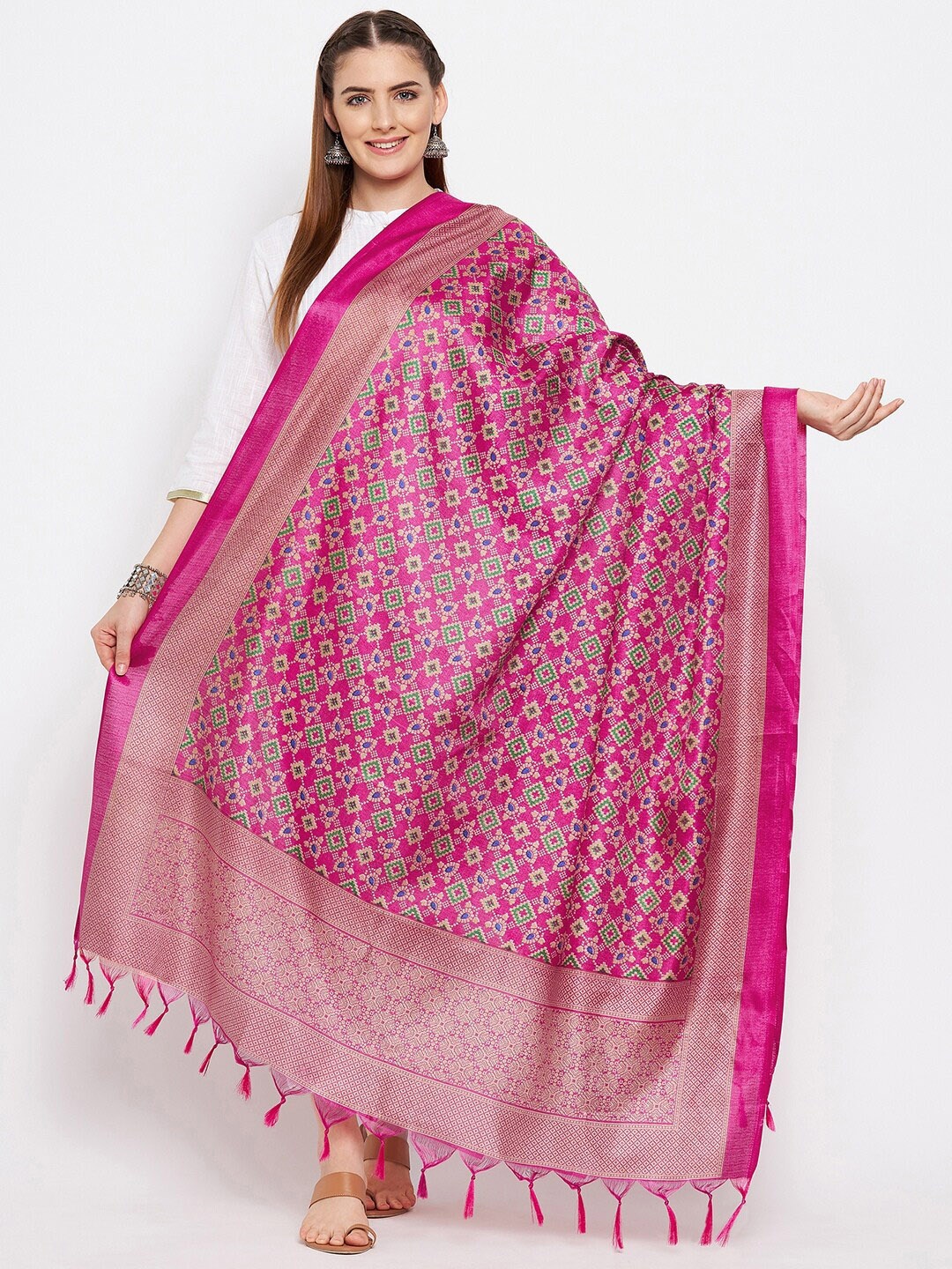 

Clora Creation Magenta & Gold-Toned Ethnic Motifs Woven Design Dupatta with Zari