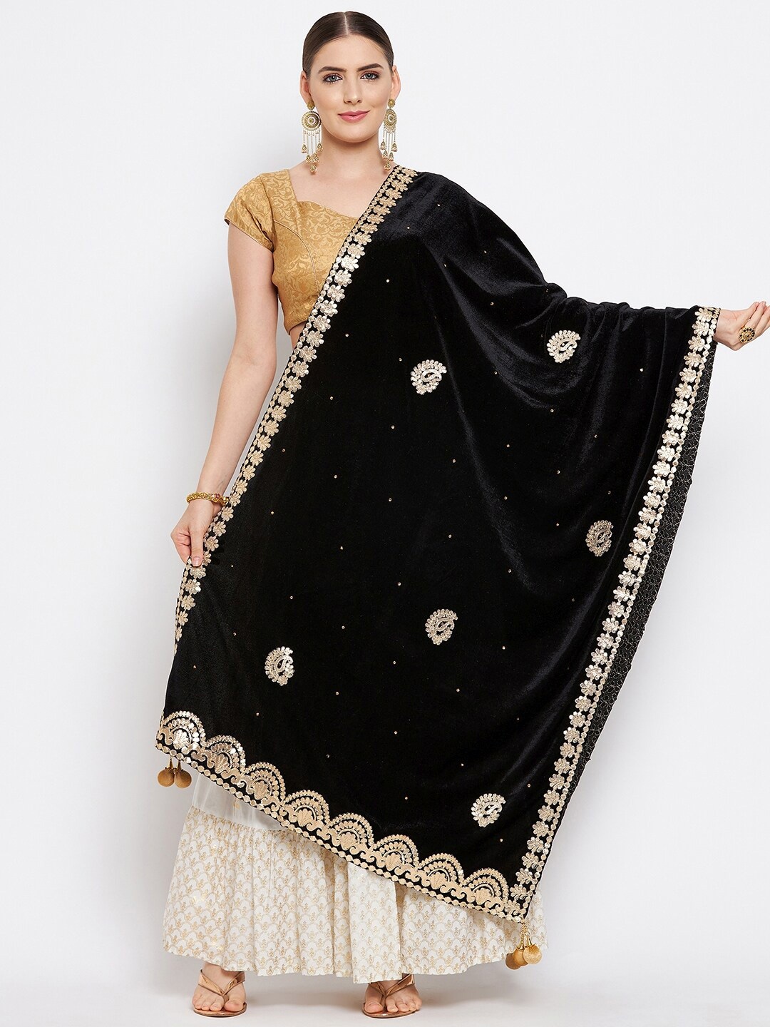 

Clora Creation Black & Gold Embroidered Velvet Dupatta with Gotta Patti