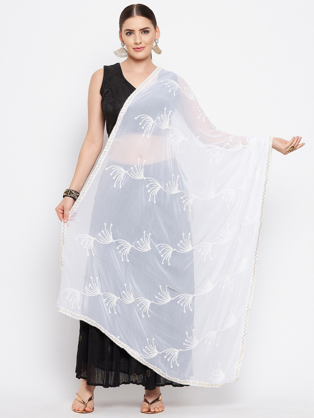 

Clora Creation White Embroidered Dupatta with Gotta Patti