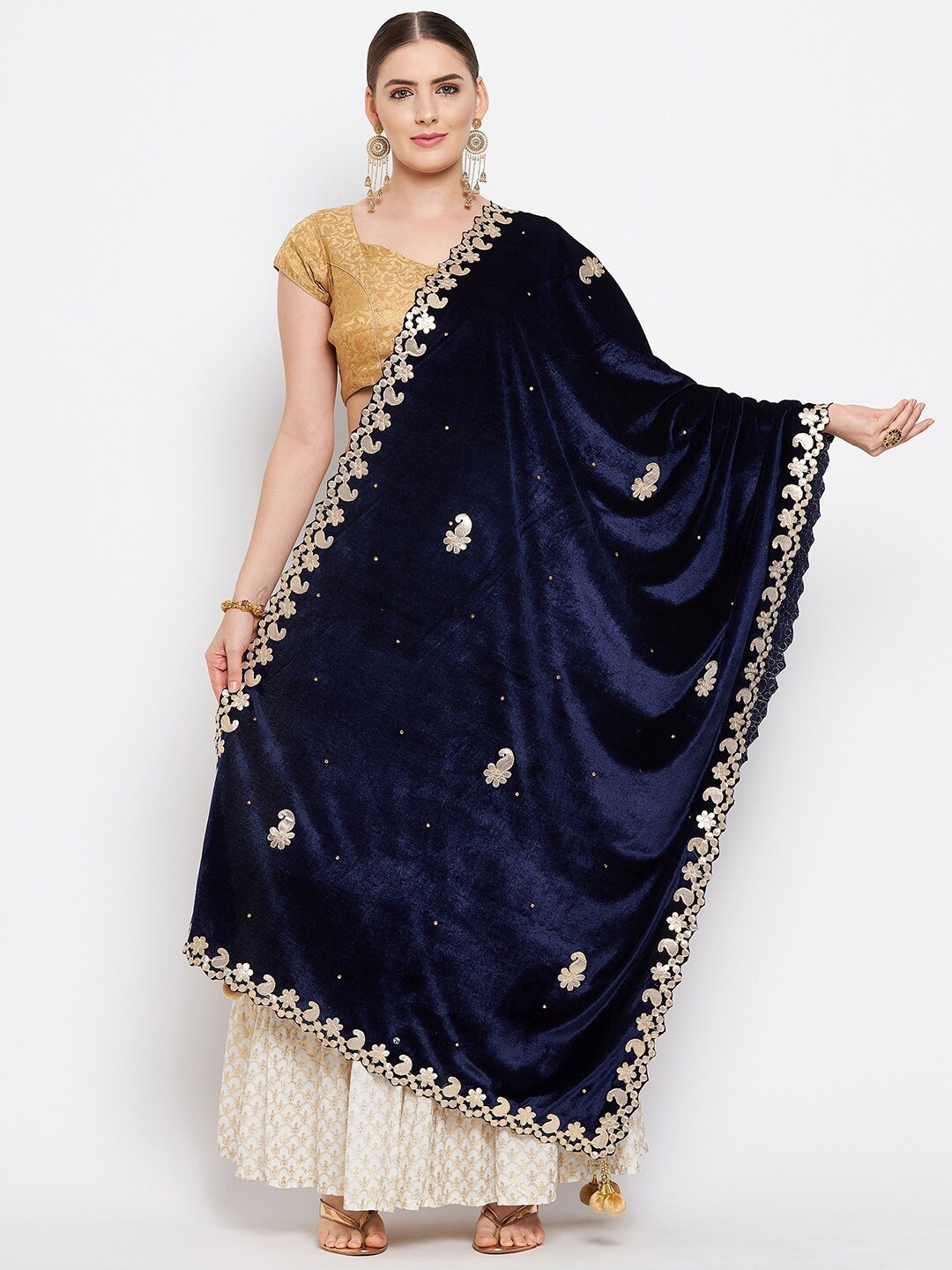 

Clora Creation Blue & Gold-Toned Embroidered Velvet Dupatta with Gotta Patti