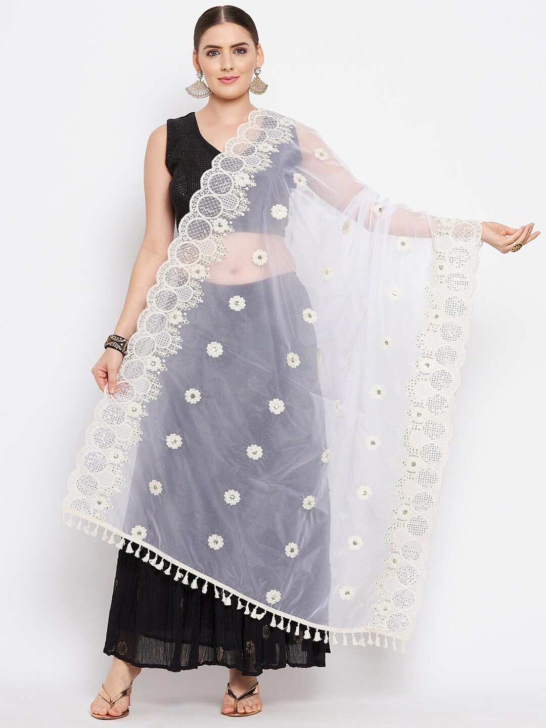 

Clora Creation Off White & Gold-Toned Embroidered Organza Dupatta with Sequinned